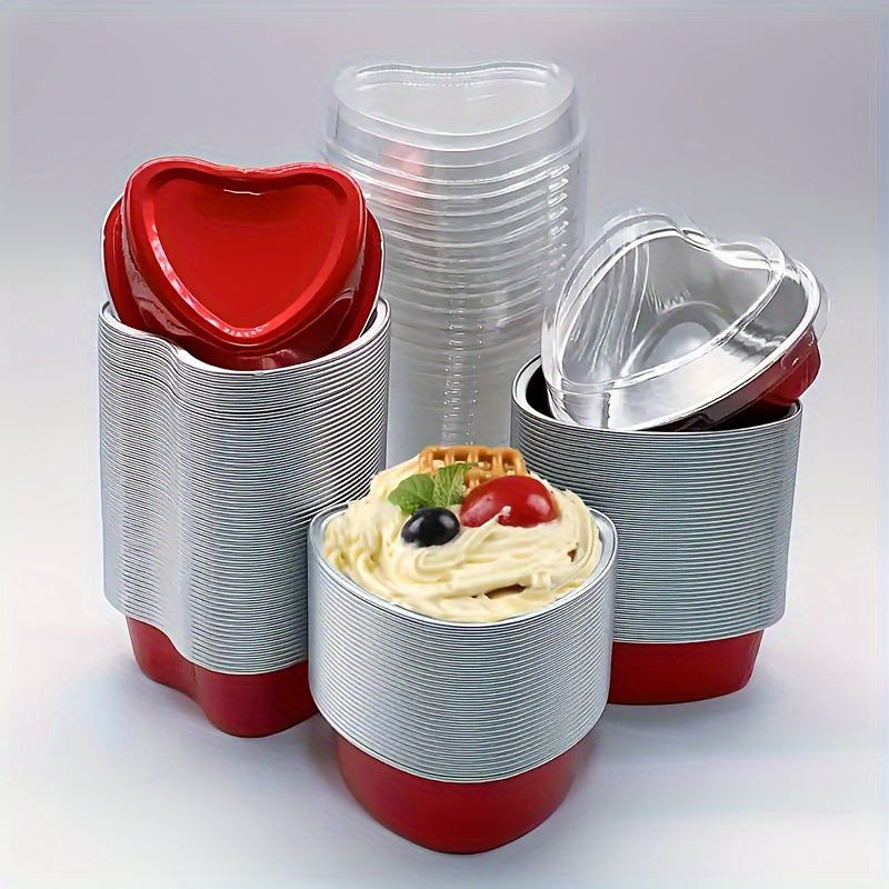 50 heart-shaped aluminum foil cake cups with lids, perfect for Valentine's Day, weddings, Mother's Day, birthdays, and Christmas.