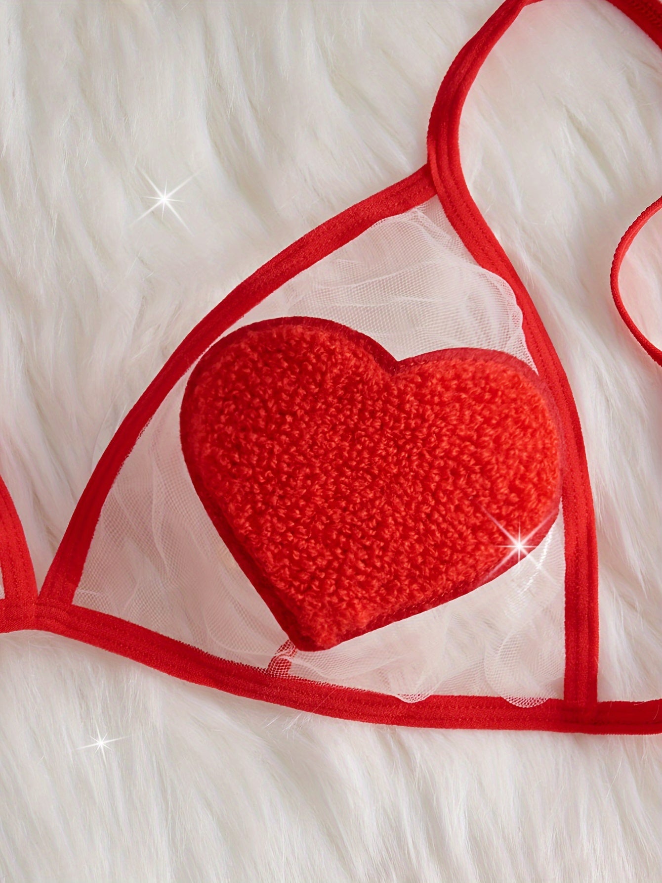 Valentine's Day 2pcs Set of New Red Love Funny Mesh Sexy Women's Underwear with a Bra and See-through Thong