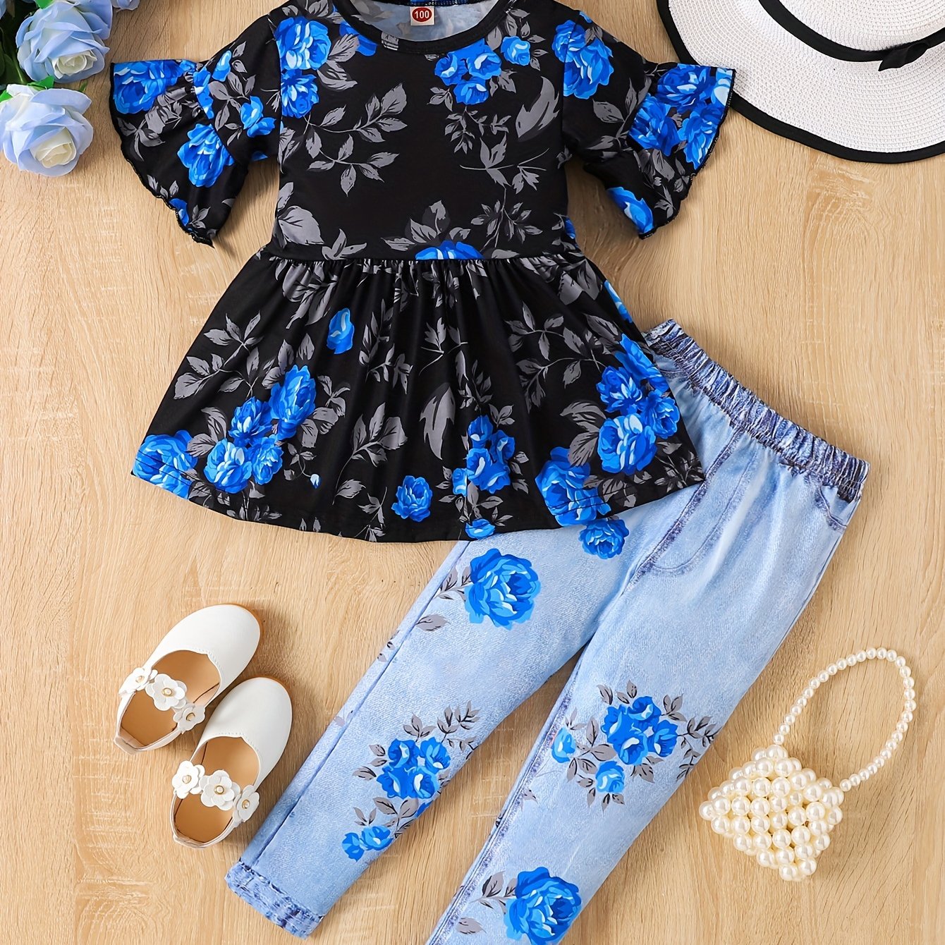 Set of floral peplum top with flare sleeves and matching leggings for girls, perfect for summer outings.