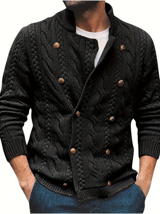 Double-breasted cable knit cardigan for plus-size men, perfect for fall and winter