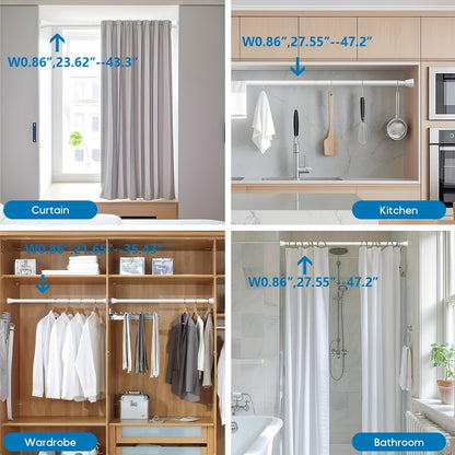 Telescopic rod for multiple uses - curtain, shower, clothes drying, door, wardrobe, cabinet, towel rack, bathroom accessories.