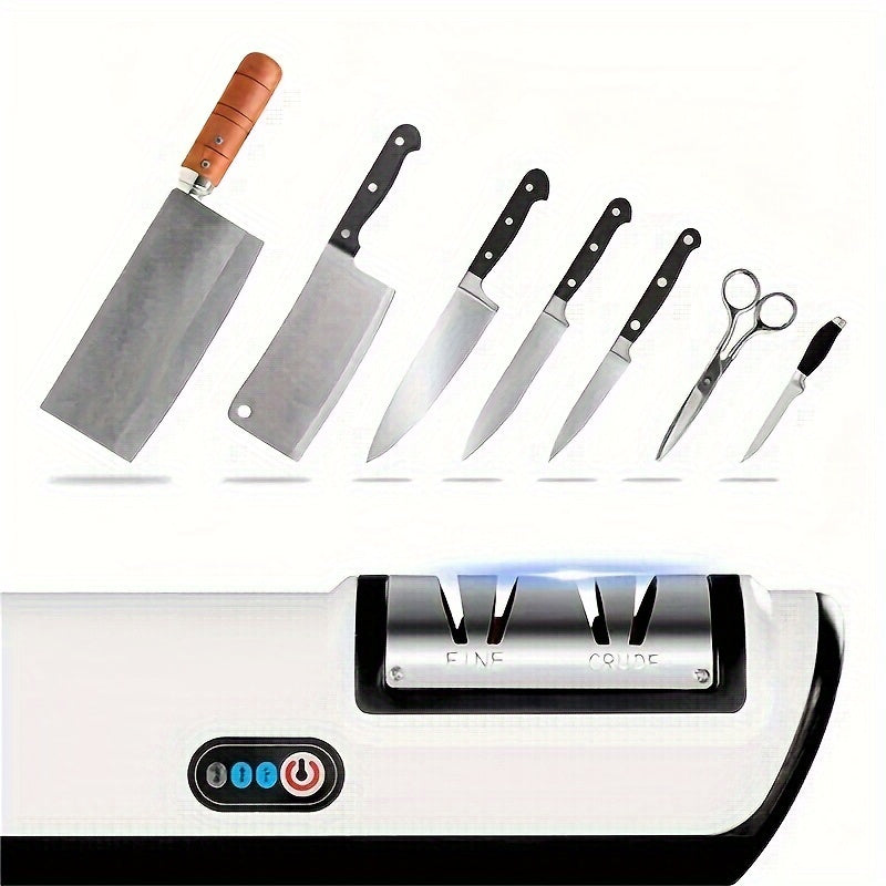 Cop Rose presents a USB rechargeable electric knife sharpener designed for precision sharpening in the kitchen. This compact and automatic gadget features 2-speed adjustment for versatile use. It is a multifunctional household tool and a sharpening stone