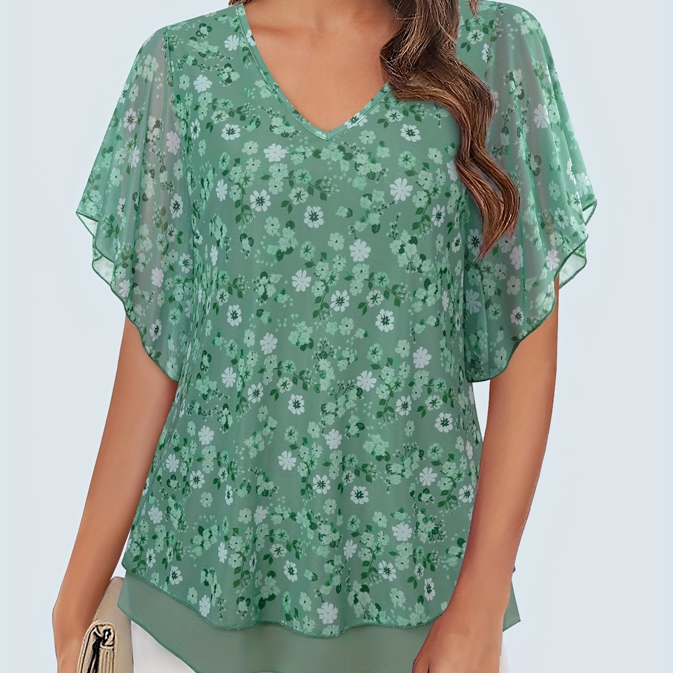 Women's Double Layer Mesh Blouses - Short Sleeve V Neck Tunic Tops