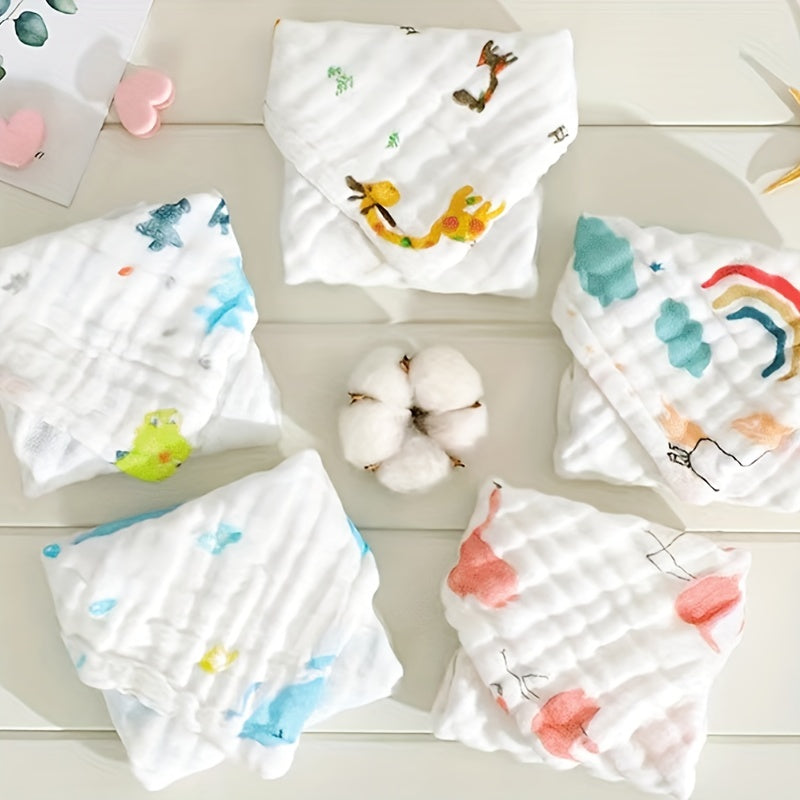 Five pieces of Children's Square Face Towels made of Six-layer Cotton with Print Design