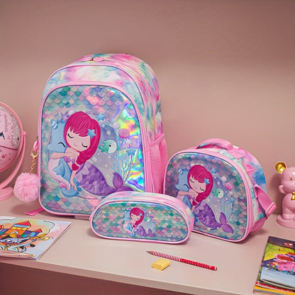 16-inch three-piece set of girls' student bags including a double-shoulder student bag, lunch bag, and pen bag. Fashionable and versatile for travel, school, or camping. One-size-fits-all in pink.