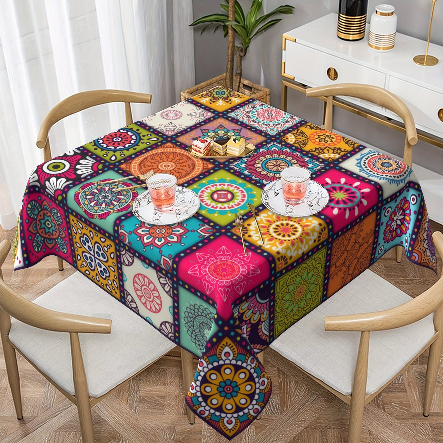 Rectangular Mandala Bohemian Tablecloth - Colorful Indian Festival Decor - 152.4×203.2 cm