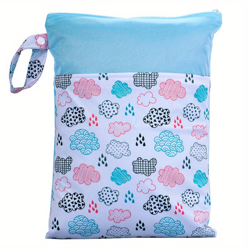 Waterproof multicolor reusable nappies bag with dimensions of 24.99*35.0cm. This wet dry mammy bag features a double pocket, cloth handle, and is a wetbag.