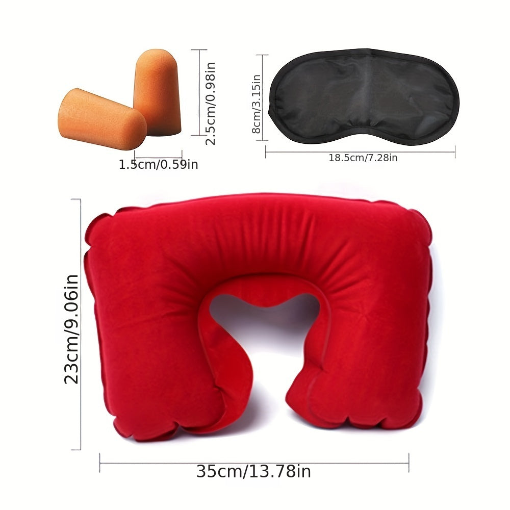 Inflatable U-shaped Travel Pillow Set with Short Plush Cover, PVC Support Headrest, Earplugs, and Eyeshade for Car or Office Use