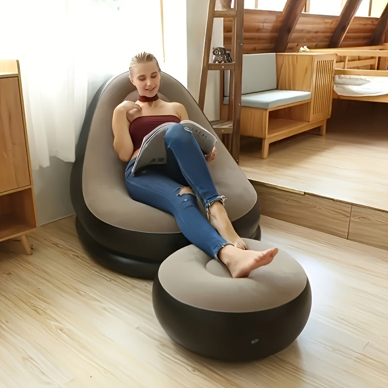 Contemporary inflatable lounger sofa with footstool, suitable for indoor and outdoor use.