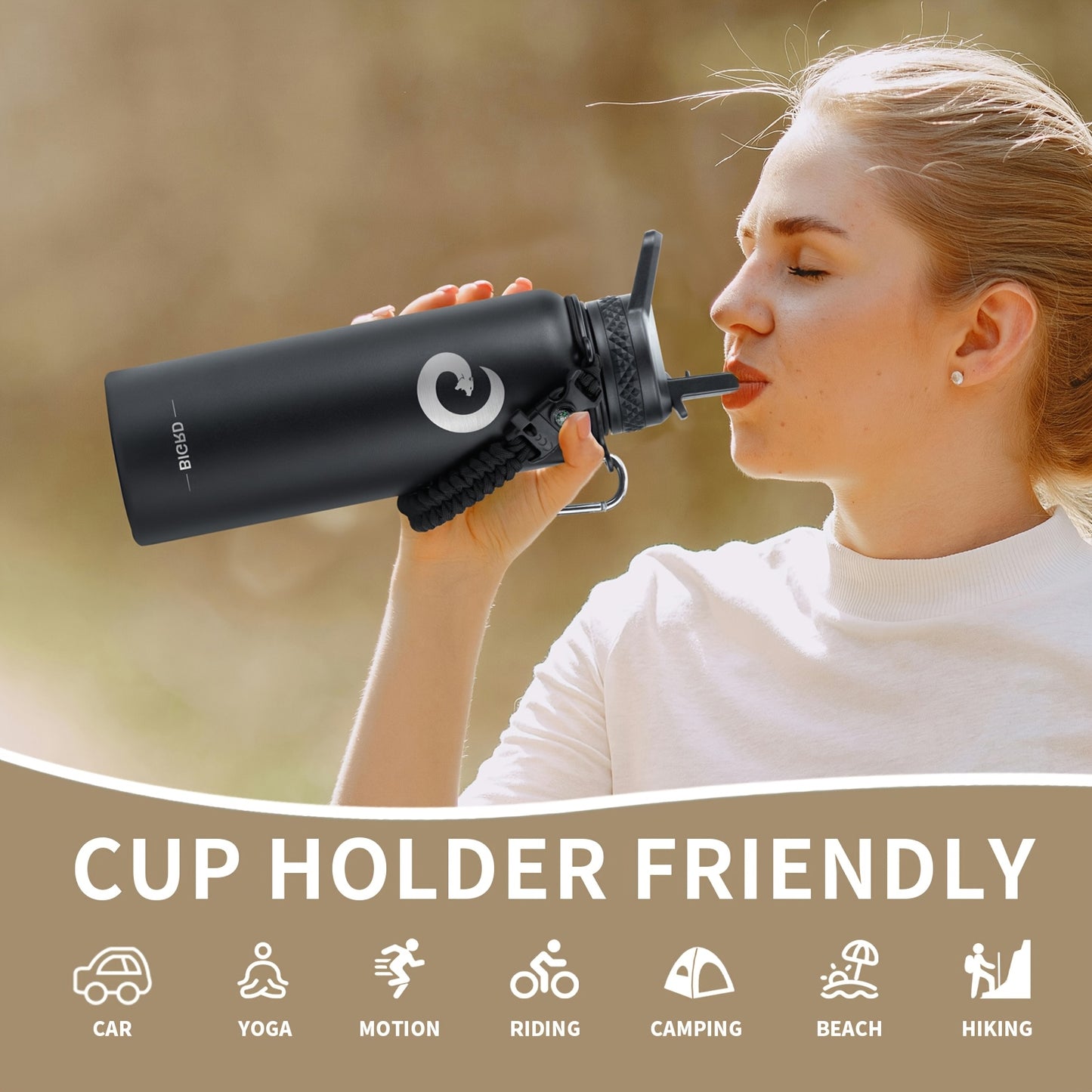 1pc BIGRD insulated water bottle with paracord handle and straw spout lid, available in 40oz/1183ml and 64oz/1893ml sizes, triple vacuum stainless steel keeps drinks cold for 48 hours.