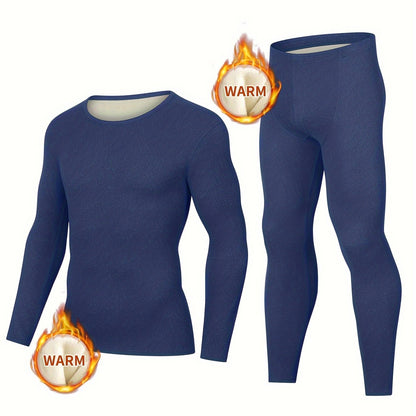 Men's Autumn Winter Fashion Warm Underwear Set - Long sleeve crew neck top and pants for outdoor wear.