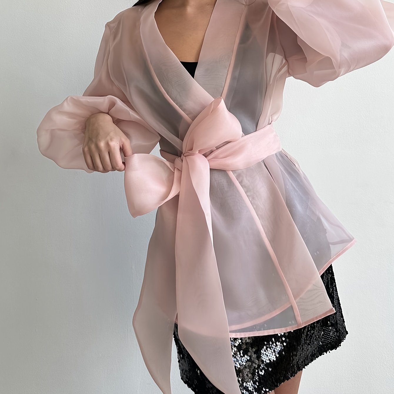 Stylish plus-size women's sheer mesh kimono cardigan with butterfly bow tie, bubble sleeves, and chic polyester material. Hand-washable and suitable for all seasons.