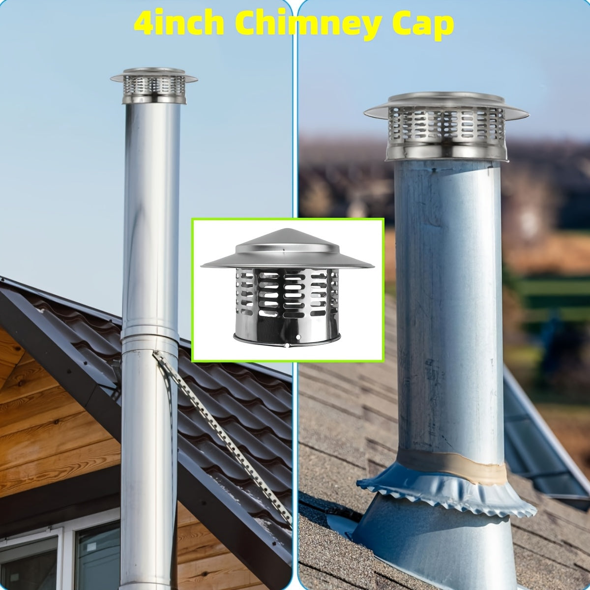 Stainless Steel 4 Inch Chimney Cover with Strainer - Round Shape, Rain Cap for Exterior and Fireplace, Flue and Furnace Tube Ventilation Cover