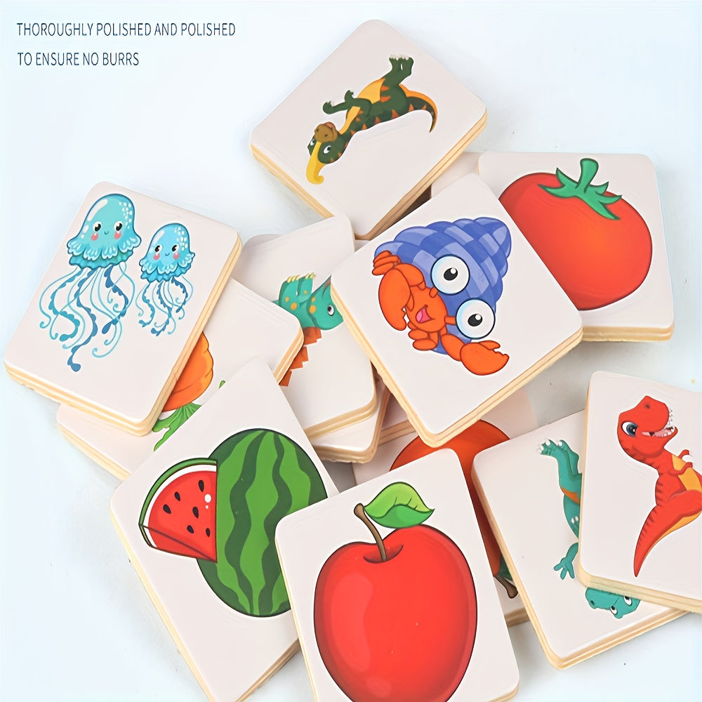 Wooden brain teaser puzzle for kids, helps with shape recognition and cognitive development through fun animal and fruit shadow matching game.