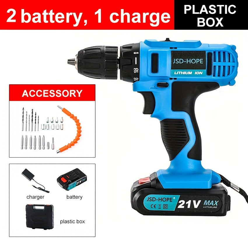 Cordless impact drill with brushless motor, rechargeable lithium battery, and multi-function capabilities. Charger included.