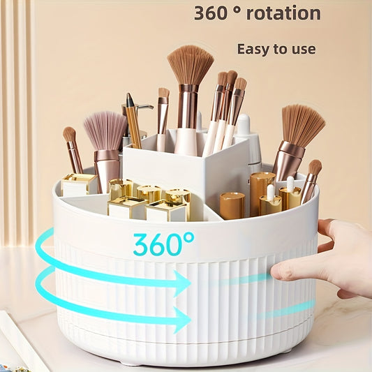 Rotating makeup organizer with 5 compartments, luxurious stripe design, durable plastic, multi-functional for cosmetics and stationery, portable and cordless.