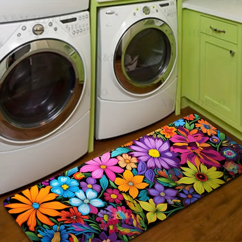 This Vibrant Floral Kitchen Mat is 1 piece, measuring 0.8mm thick. It is soft and thickened, making it perfect for use in the laundry room, bathroom, living room, or bedroom. The mat features a colorful flowers design and is made of 100% polyester. It is