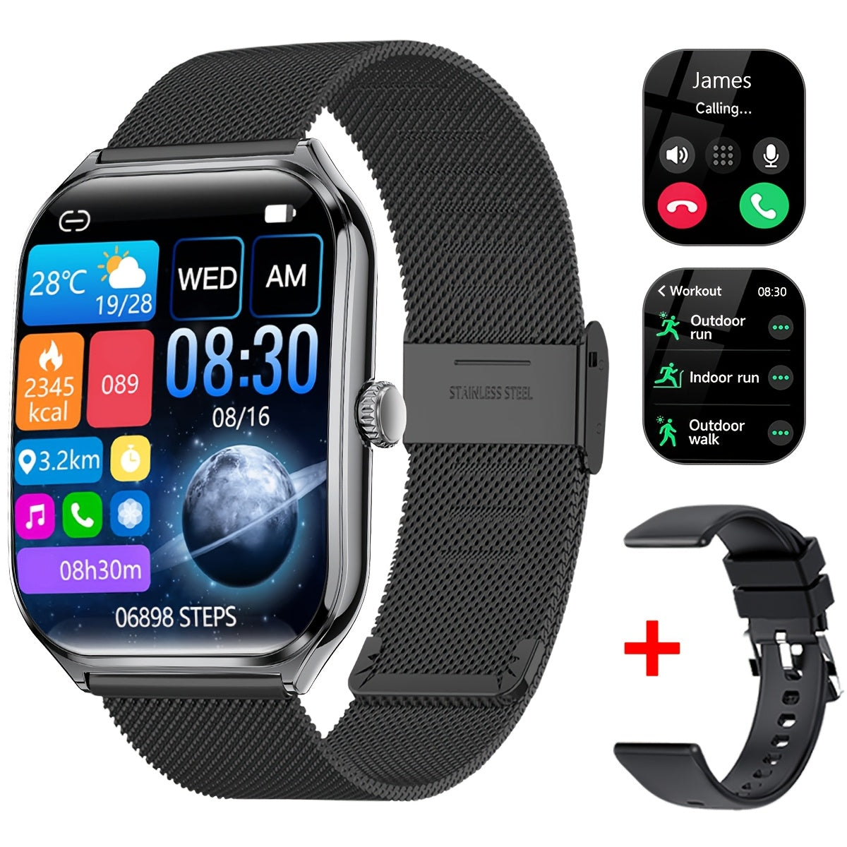 Ultra-thin smartwatch with full touch display, dual screen, USB charging, stainless steel case for Android and iPhone. Ideal for fitness tracking, calls, messages and music control.