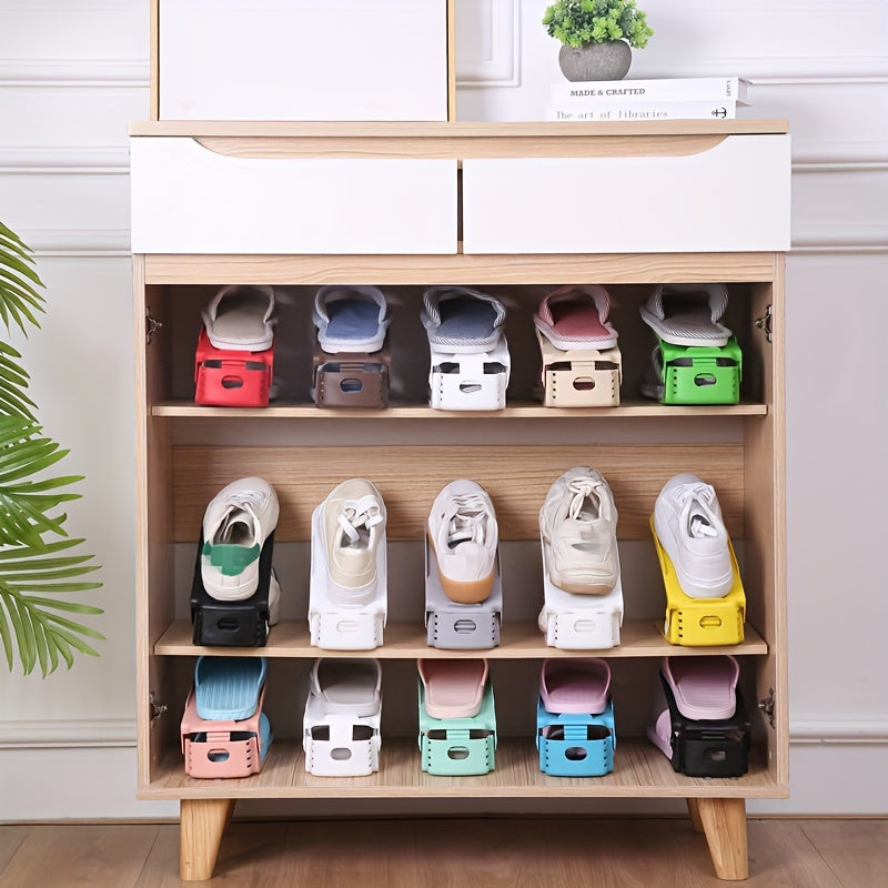 Storage organizer for shoes with 12 slots, made of adjustable plastic. Features a double layer design for stacking shoes and saving space. Ideal shoe holder for dorm rooms, bedrooms, closets, entryways, and bathrooms.