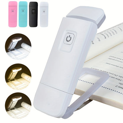 A rechargeable LED clip-on book light with adjustable brightness, eye-protection, and portable USB-powered design for reading in the bedroom or at the desk.