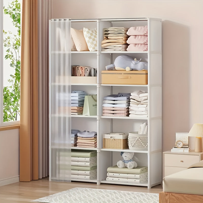 Simple to put together, this multi-layer storage organizer is made of metal and has dustproof shelving. It is perfect for use in bedrooms, classrooms, rentals, and dorm rooms. The freestanding closet system has over 3.2 cubic feet of enclosed storage