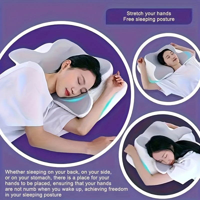 Memory foam Butterfly pillow providing ergonomic cervical spine support for back and side sleepers, with slow rebound and machine washable pillowcase.