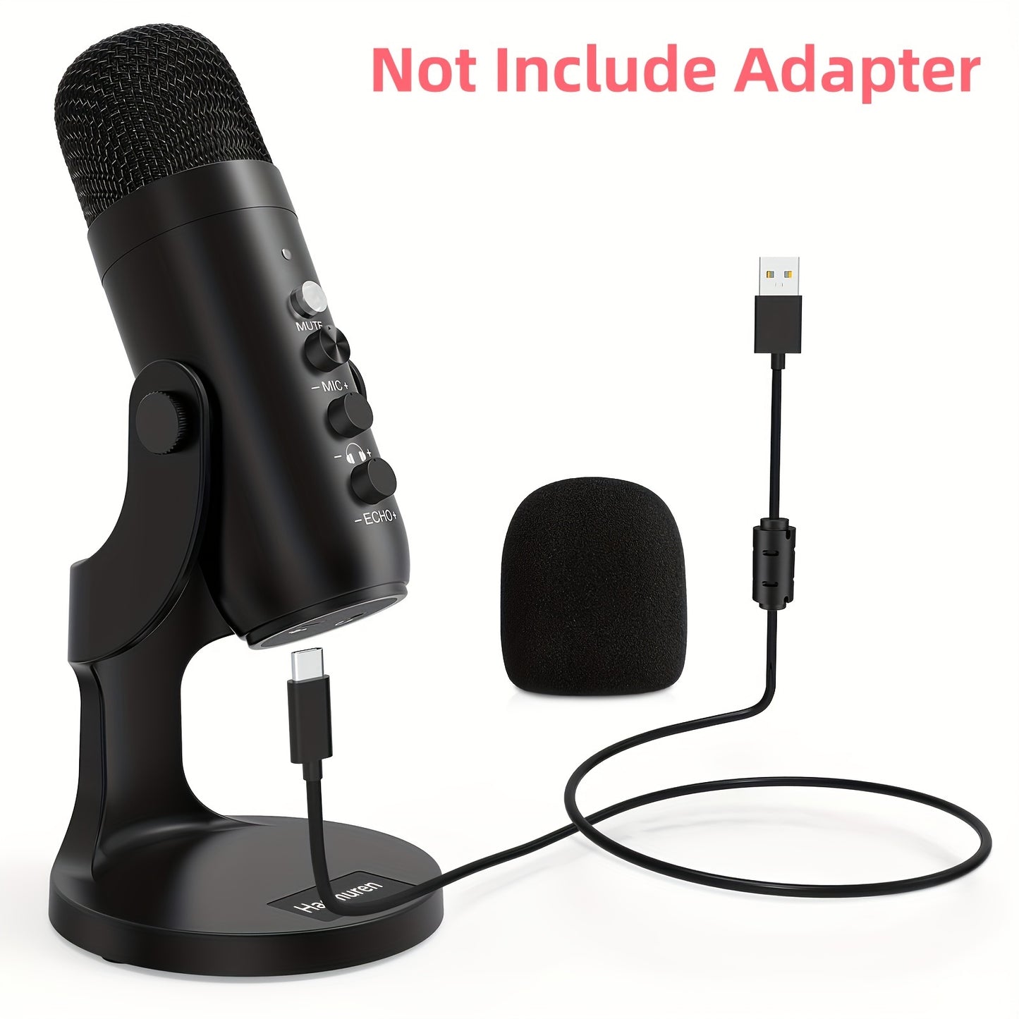 USB condenser microphone with volume and gain control, clear sound for podcasting, gaming, and streaming. Compatible with PS4/5, Mac, and Windows. Includes cable, windscreen, stand, and