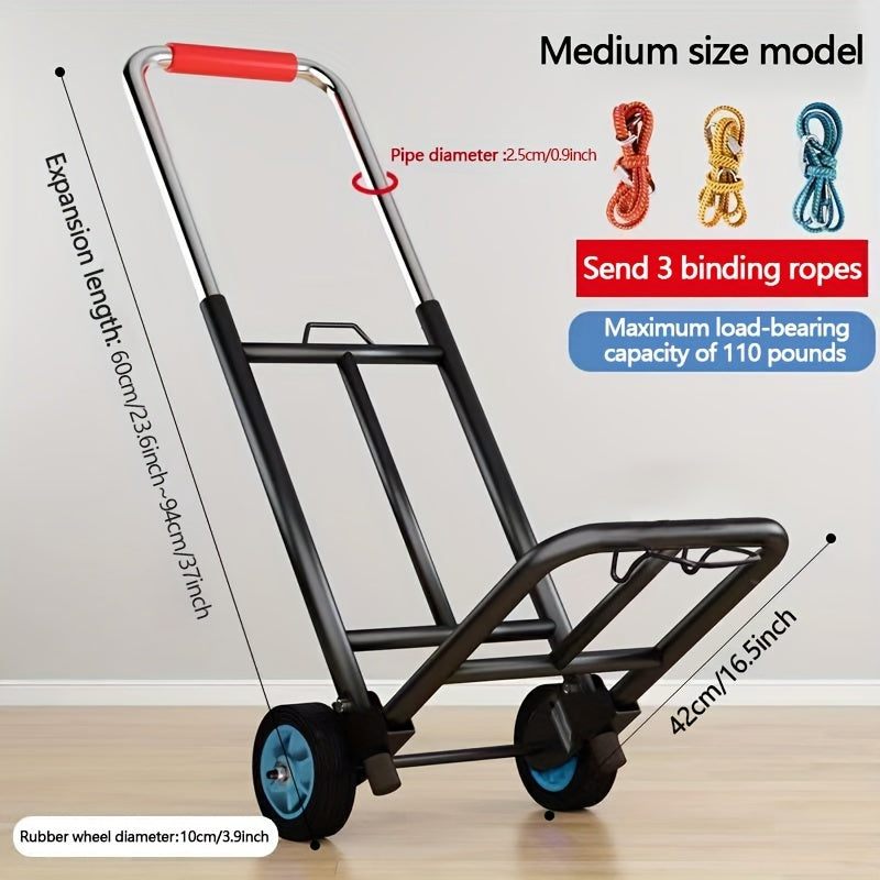 Foldable iron frame cart with rubber wheels, 99.79 KG capacity, ideal for stairs and steady surfaces. Includes 3 ropes for secure loading. Great for luggage travel.