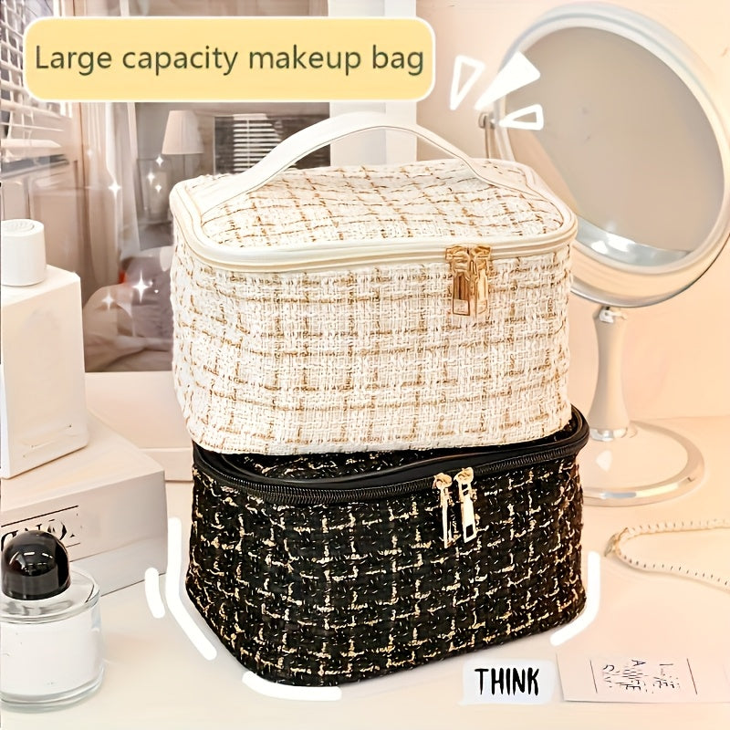 Stylish waterproof cosmetic bag with zipper, cute white design, made of durable polyester, perfect for travel.