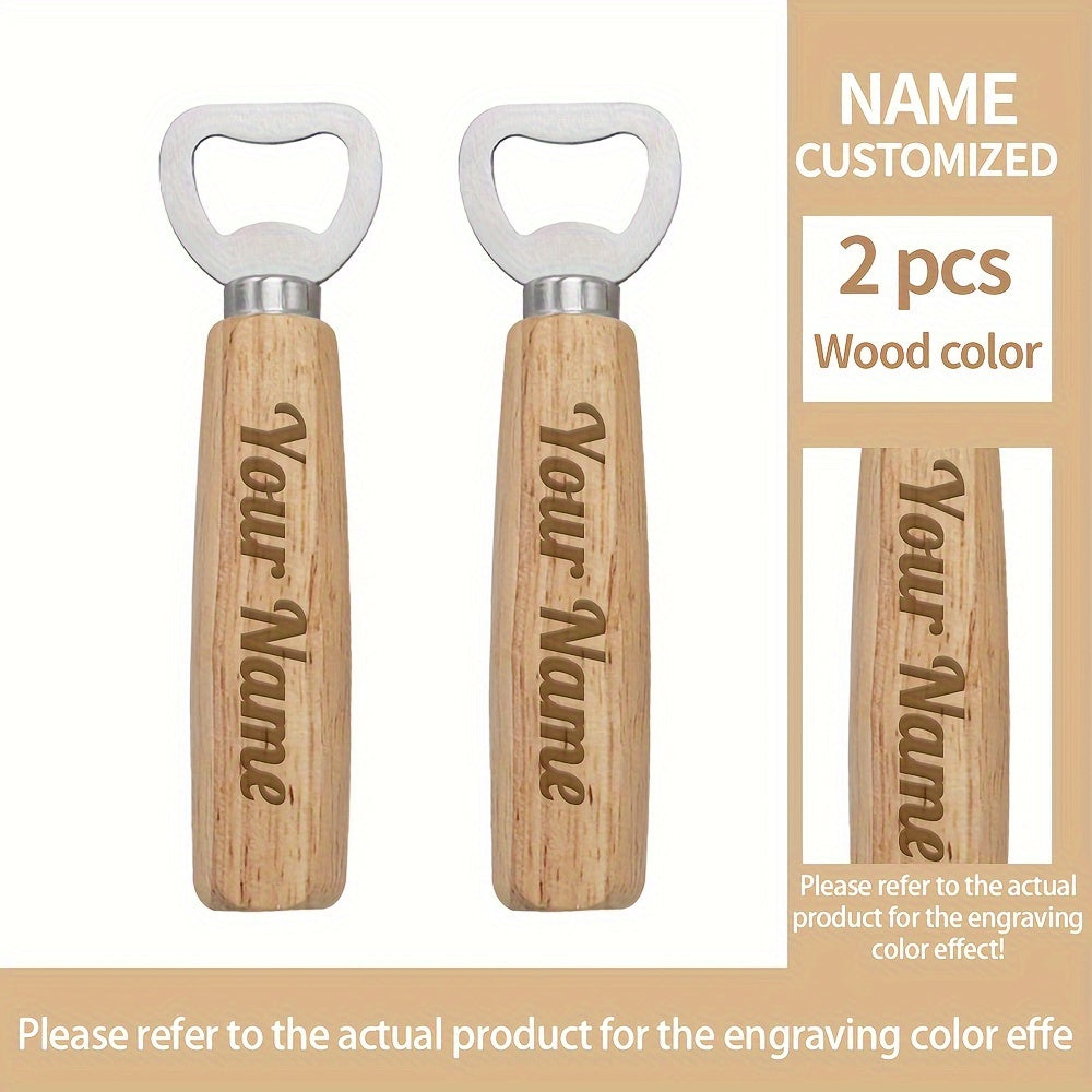 Custom wooden handle opener with engraved logo/name/phone number, perfect for beer festivals and holidays. Stainless steel cap lifter keychain, no power needed.