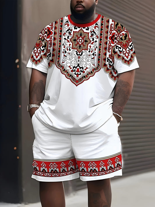 Men's Plus Size Ethnic Print T-Shirt & Shorts Set - Casual/Sporty, Machine Washable Polyester Blend Outfit with Round Neck and Knee-Length Shorts