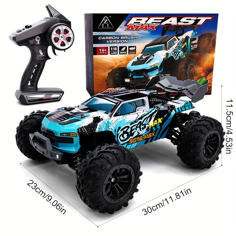 ZNLYRION Remote Control Off-Road Vehicle with Brushless Motor, 4WD, 80KM/H Speed, LED Headlights, Durable Plastic Body, Dynamic Graphics in Blue. Ideal for Outdoor Adventures.