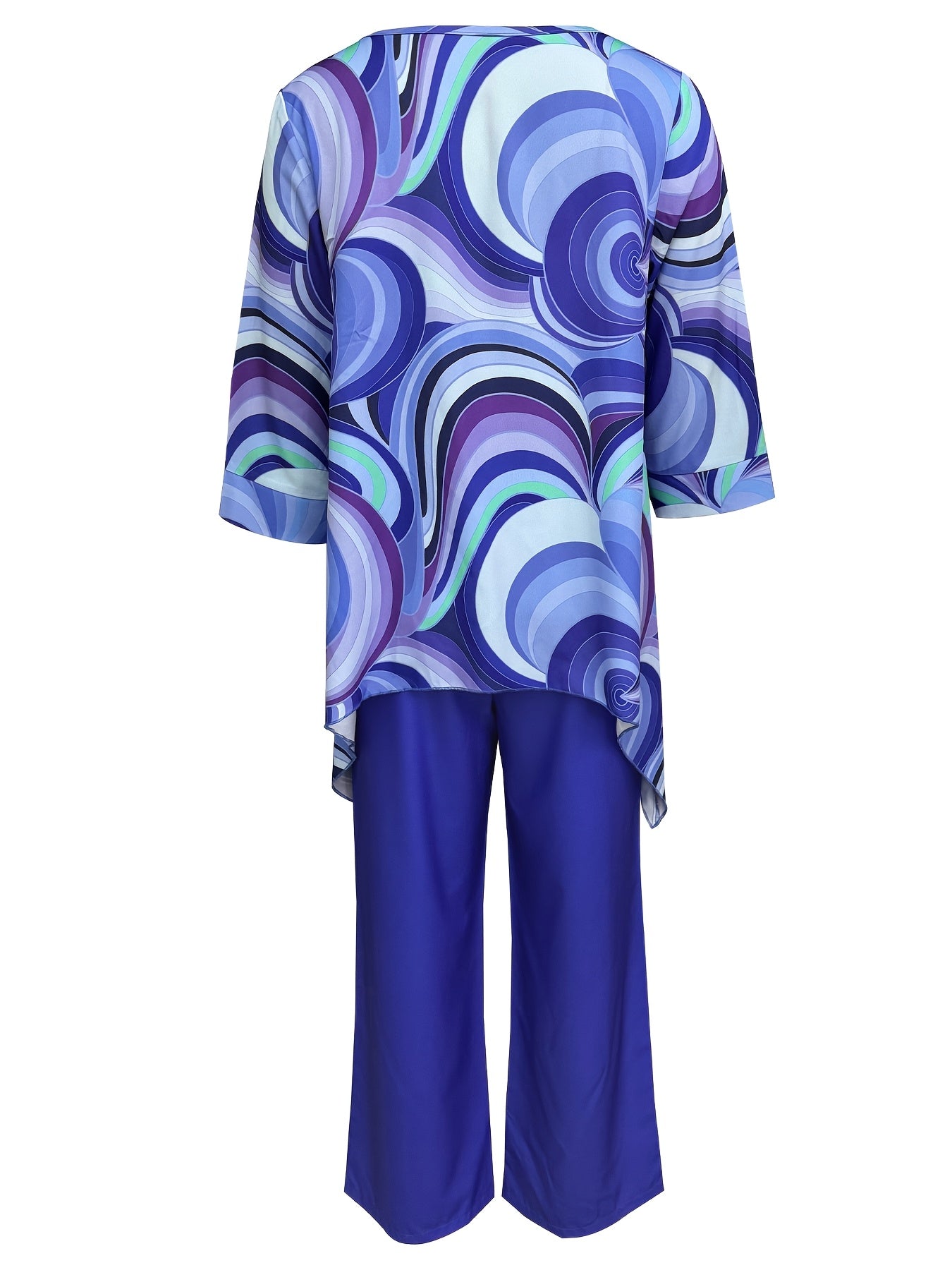 Elegant women's two-piece outfit featuring abstract swirl print round neck top paired with solid black pants. Made of polyester blend and machine washable.