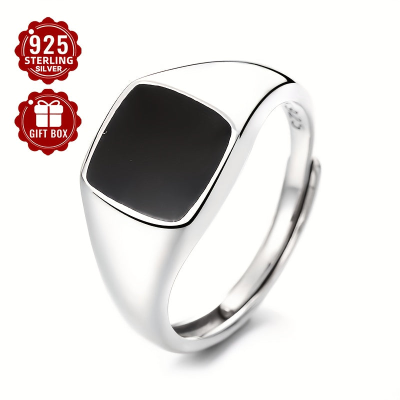 [Top Pick] Stylish S925 Sterling Silver Couple's Rings - Classic Black Enamel Band & Sleek Square Beveled Edge Ring, Perfect for Everyday Wear & Special Occasions, Comes with Gift Box, Timeless Design, Round Shape, Lightweight at 4.4g