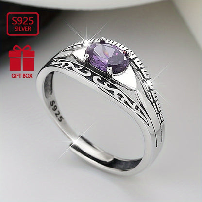 Beautiful and mysterious sterling silver ring with purple waterish zirconia inlay, symbolizing beauty and mystery. This high-quality adjustable ring is perfect for any occasion.