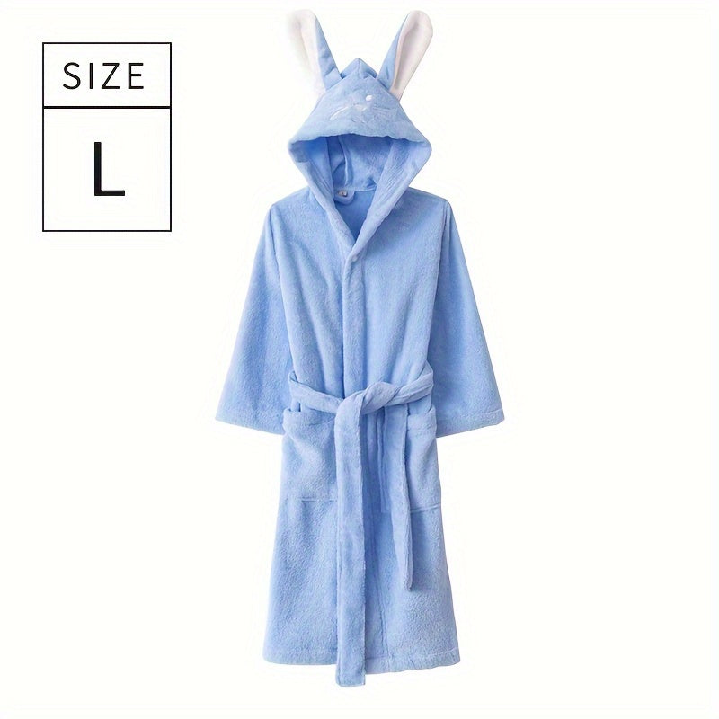 Children's bathrobe with cute rabbit face design, made of quick-drying absorbent cotton. Perfect for home or bathroom use.