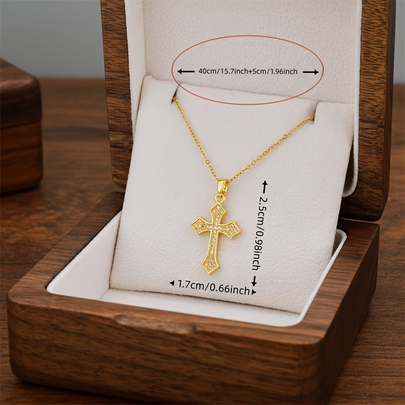 Stylish 18K Gold Plated Titanium Steel Cross Pendant Necklace adorned with Rhinestones, Adjustable Clavicle Chain perfect for Everyday Wear, Gender-Neutral Jewelry option