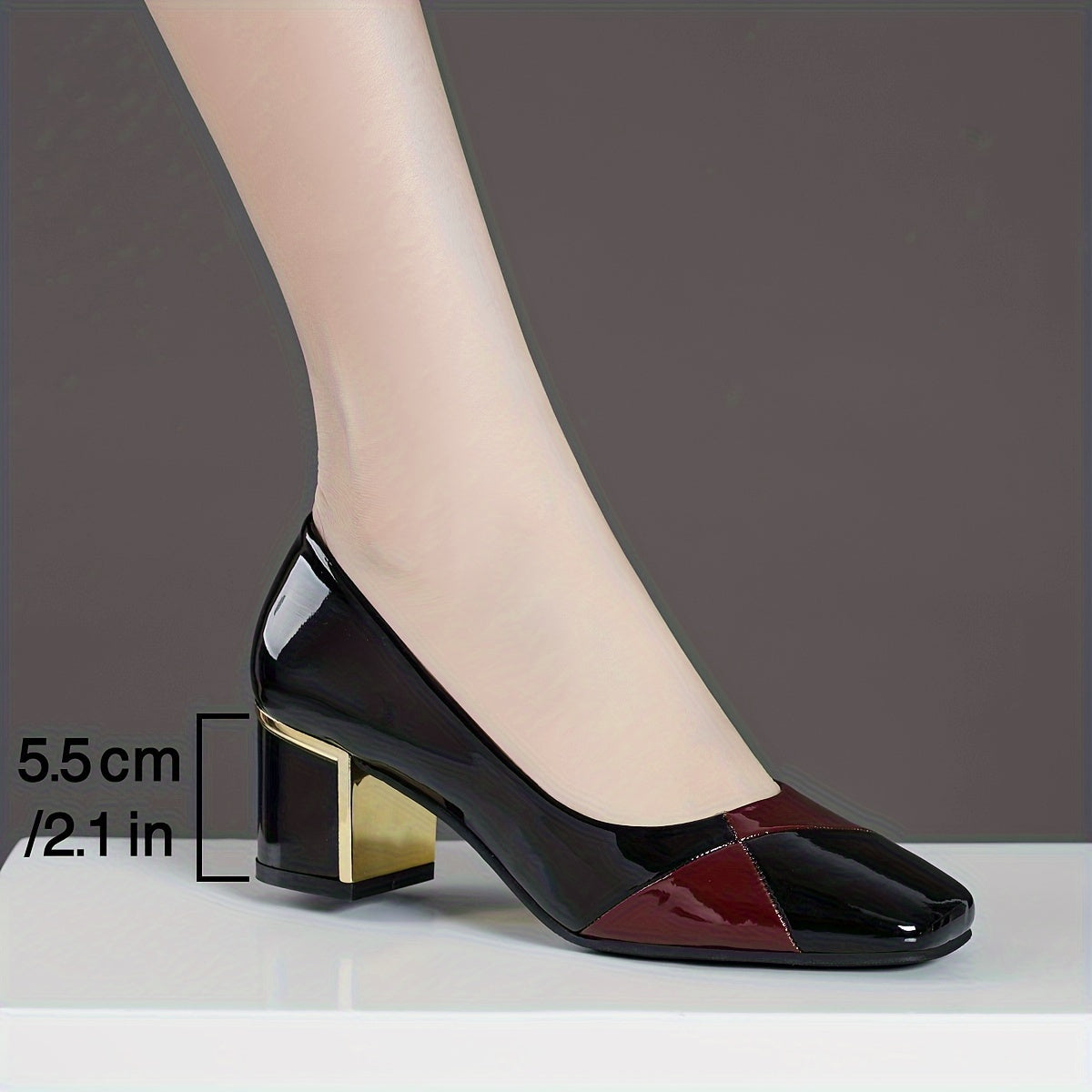 Womens chunky heels with contrasting colors and square toe design, slip-on style for fashion lovers.