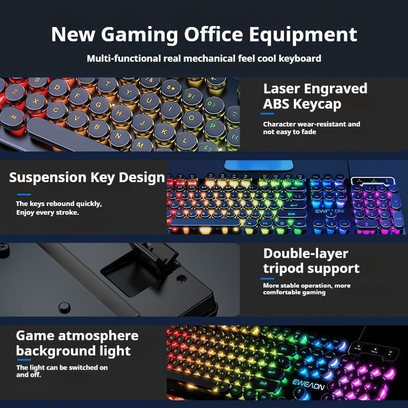 EWEADN GX330 Wired Gaming Keyboard with Retro Punk Style, RGB LED Backlit, Ergonomic Design, 104 Keys, USB Powered, Ideal for Gaming & Office Use.