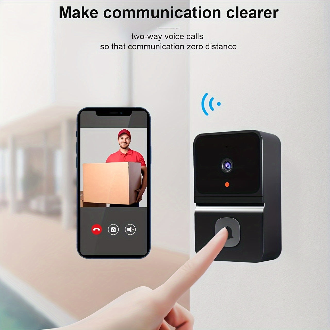 Smart WiFi doorbell with built-in battery featuring 2-way audio, night vision, USB rechargeable, low power consumption, and sleek black design. Supports 2.4G WiFi for easy home surveillance