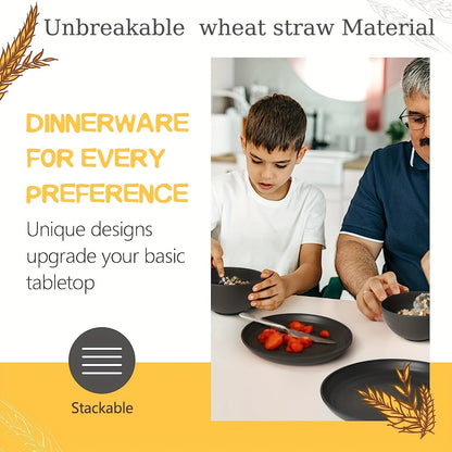 High-quality straw tableware set includes 16 unbreakable pieces that are microwave and dishwasher safe. The set consists of 8 black plates, 4 bowls, and 4 cups.