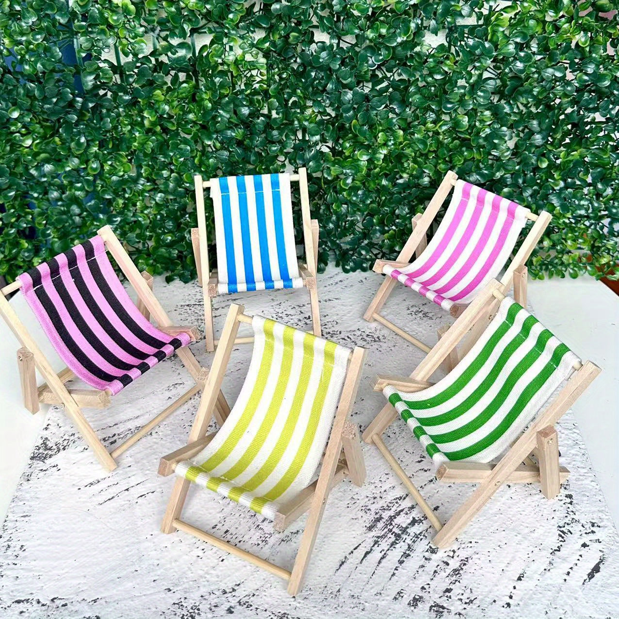 Set of 2 Mini Foldable Beach Chairs - Coastal Wooden and Fabric Design, Ideal for Wedding Decor, Desktop Decoration, Phone Holder, and Photography Prop