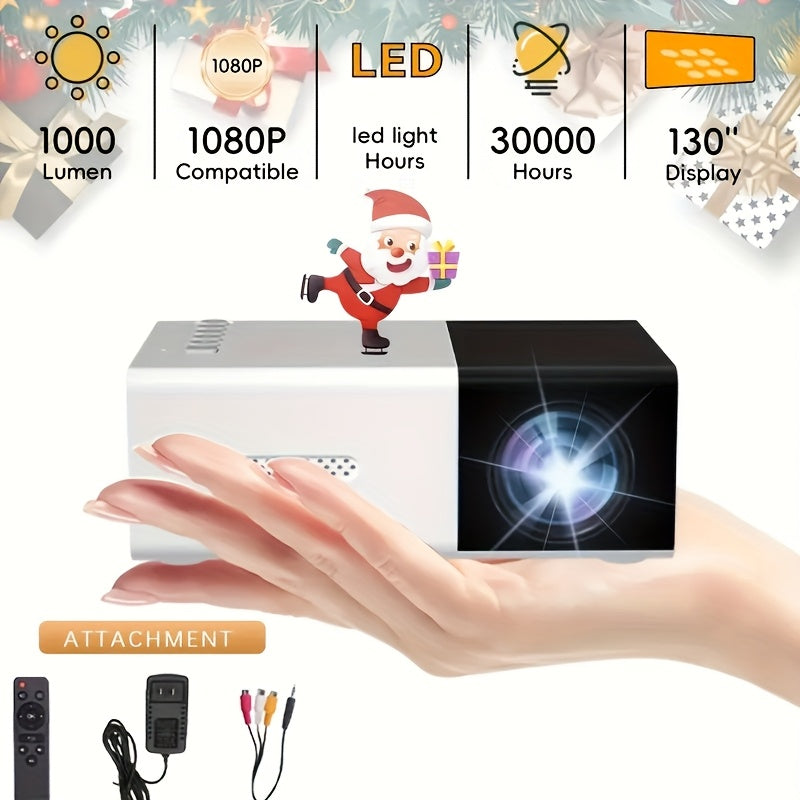 EU plug mini projector with 720P/1080P support, compatible with smartphone and USB port. Features SD memory card/AV/USB connection on the same screen. 2800 brightness lumens.