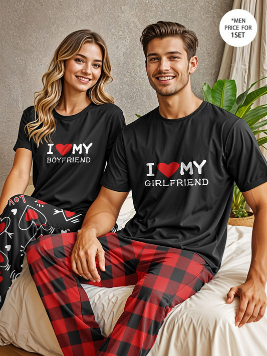 Men's and Women's couple's pajama set with "I Love My Girlfriend" printed t-shirt and red checkered pants, made of polyester knit fabric with crew neck, regular fit, medium stretch, 97%