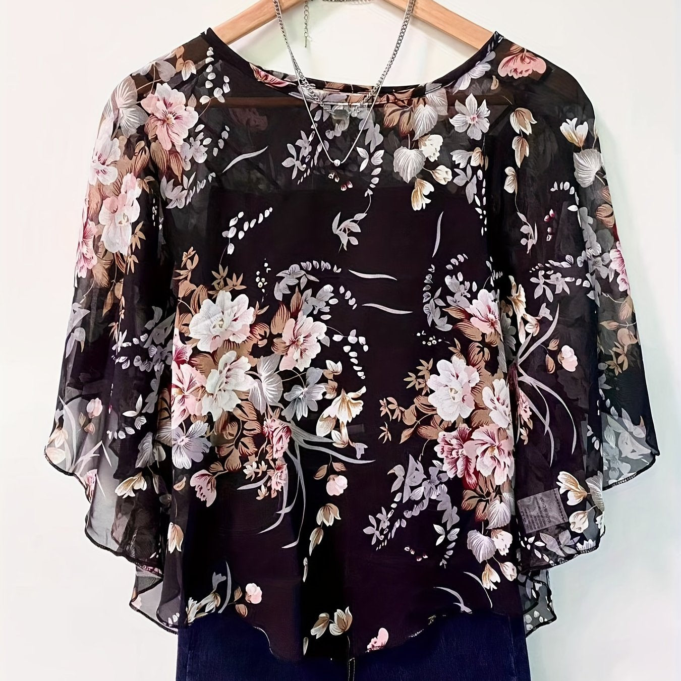 Floral Print Asymmetrical Blouse for Women - Sheer Sleeve, Sun Protection Shirt, Beachwear