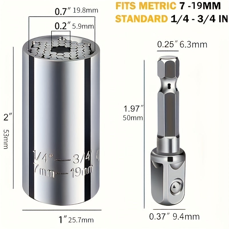 Multi-functional 7-19mm hexagonal universal torque wrench socket.