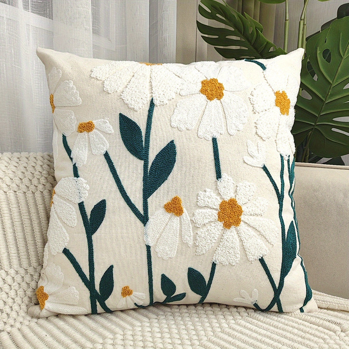 1pc Daisy floral embroidered pillow cover for sofa, living room décor, without insert.