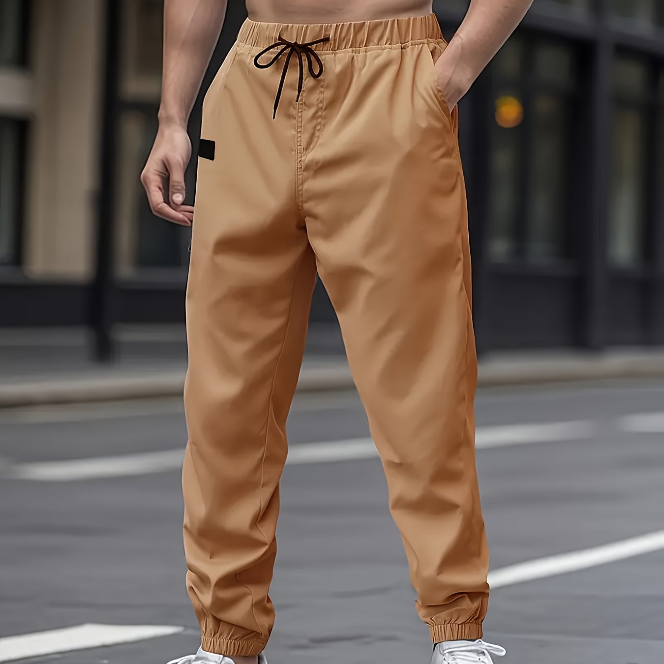 Men's casual cargo pants with drawstring waist, non-stretch polyester fabric, regular fit, lined with polyester, ideal for weekend wear.