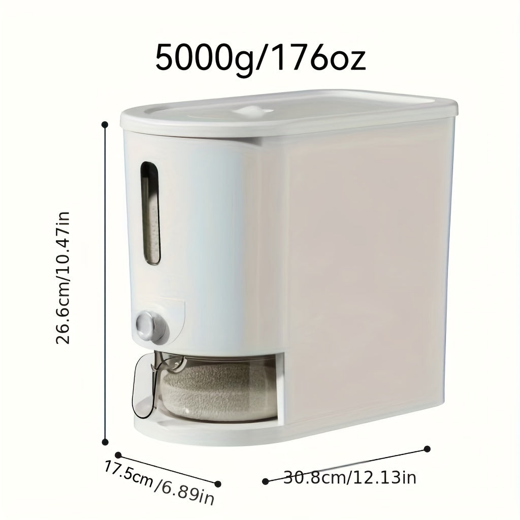 Airtight rice dispenser with measuring cup in 176oz and 352oz sizes for storing grains and more, moisture-proof and food-grade container with press gap.