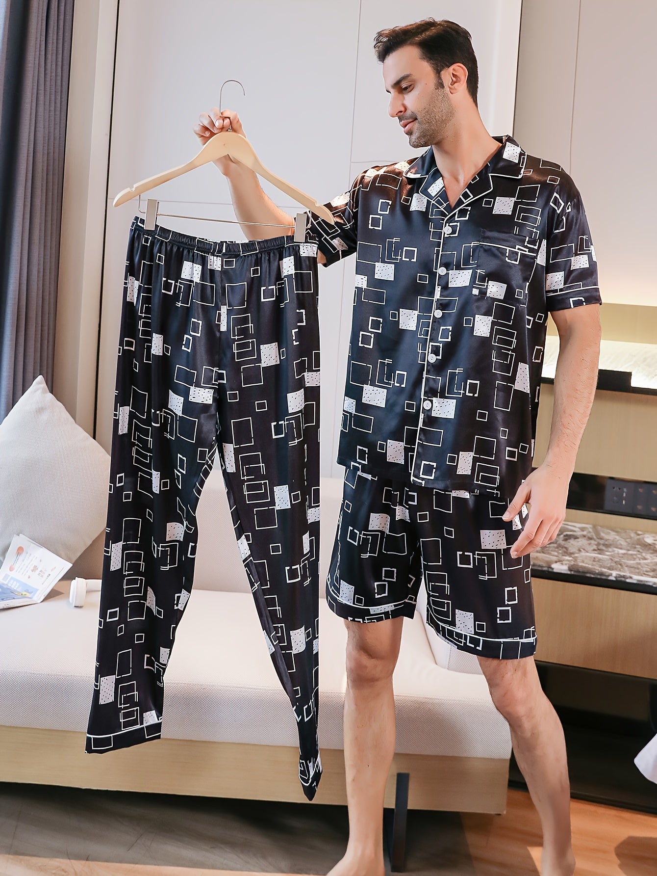 Men's summer sleepwear set with short sleeves, shorts, long pants, geometric print, and collared cardigan.